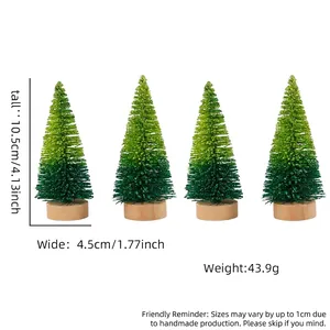 Four-piece set of mini gradient green Christmas trees with glitter on round wood base