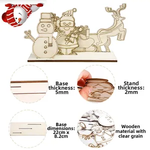 Macro detail of DIY wooden Christmas tabletop ornaments showing dimensions and textures