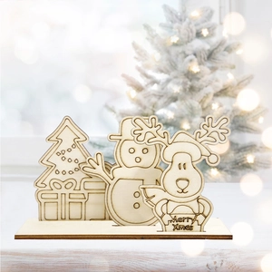 Detail of DIY 3D wooden Christmas desktop ornaments with Santa, reindeer and snowman