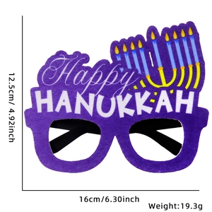 Purple Happy Hanukkah festive glasses frame with menorah design and size specs