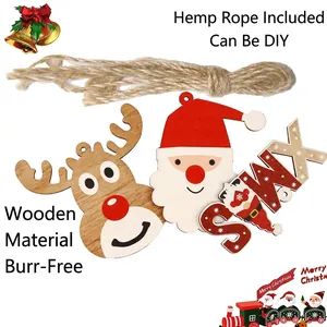 Christmas wooden hanging ornaments set with Santa and reindeer on white background