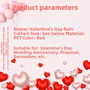 Macro detail of red heart-shaped fringe curtain with material and size specifications