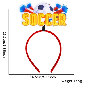 Soccer fan headband detail with soccer ball and horn ornaments plus size measurements