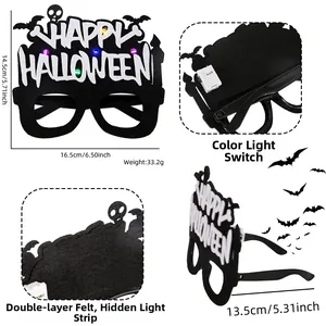 Detail view of LED Halloween glasses with Happy Halloween text and skull elements