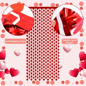 Red heart and star metallic foil curtain backdrop with double-layer reinforcement