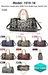 Detailed size chart for stylish leopard print handbag with metal hardware and gold handles