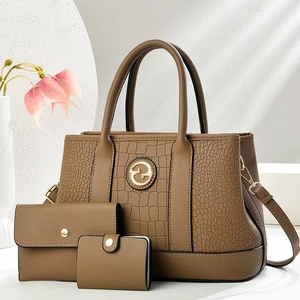 Brown crocodile embossed three-piece handbag set with tote, wallet and card holder