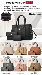Detailed view of the 3-piece bag set showing sizes, interior, and seven color variants