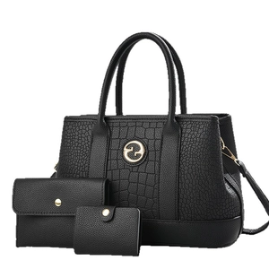 Black crocodile texture three-piece handbag set with gold hardware and tote bag