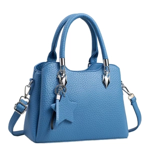Blue lychee pattern leather handbag with adjustable strap and star charm accessory