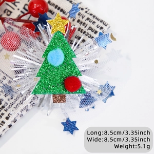 Barrette sapin de Noël avec paillettes, pompons et franges argentées