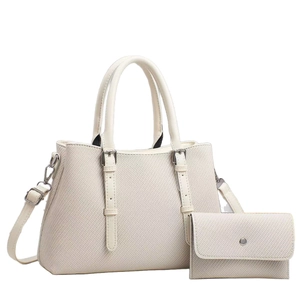 Minimalist cream shoulder bag and wallet set with woven texture and buckle details