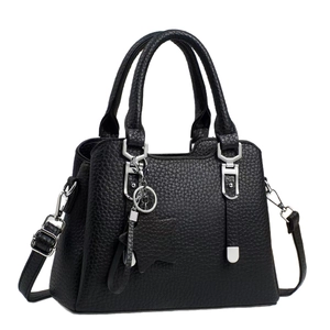 Classic black litchi texture tote bag with star charm and adjustable shoulder strap
