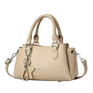 Chic beige lychee leather tote bag with star charm and detachable shoulder strap