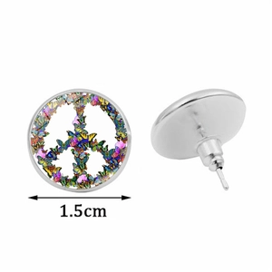 Butterfly peace sign stud earrings with 1.5cm diameter silver base and colorful glass dome