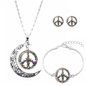 Butterfly Peace Sign Moon Necklace Bracelet Stud Earrings Alloy Glass Pendant Bohemian Fashion Jewelry Silver Tone