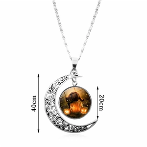 Collier croissant de lune Halloween avec pendentif chat noir et citrouille argentée