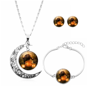 Halloween Chat Citrouille Lune Collier Bracelet Et Boucles D'oreilles Alliage Verre Cabochon Vintage Thème Festif Bijoux Accessoires