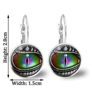 Vintage dragon eye hook earrings with colorful glass iris and silver finish, size 2.8x1.5cm