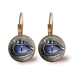 Vintage bronze dragon eye earrings with realistic blue glass cabochon reptile pupils