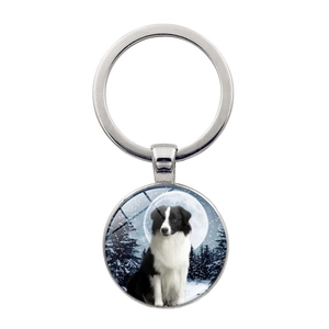 Border Collie Time Gem Glass Keychain Zinc Alloy Round Pendant Key Ring For Dog Lovers Pet Memorial Gift