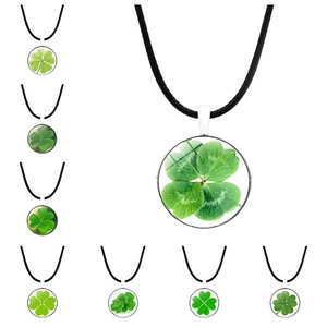 Silver Alloy Round Glass Four Leaf Clover Pendant Necklace With Black Leather Cord Lucky Jewelry For Women Men Gift