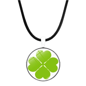 Detailed close-up of clover glass pendant necklace with silver metal frame on black cord