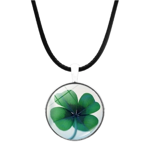 Silver four-leaf clover pendant necklace with green glass charm and black cord strap