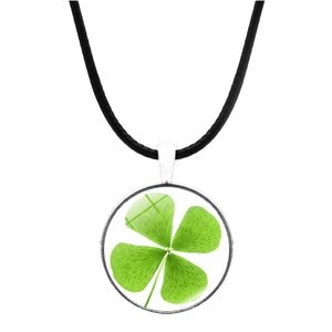 Silver round clover necklace with real dried green four-leaf clover in glass pendant