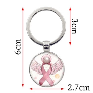 Porte-clés ruban rose avec ailes d'ange et cabochon en verre de 2,7 cm sur anneau