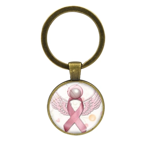 Porte-clés ruban rose avec dôme en verre, aile d'ange en bronze et perle blanche