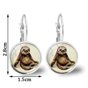 Silver drop earrings with sloth glass dome art, height 2.8cm and diameter 1.5cm