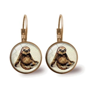 Vintage bronze leverback earrings with sloth artistic glass dome pendant for women