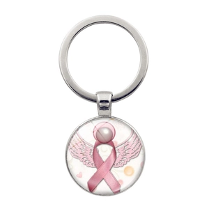 Porte-Clés Ruban Rose Ailes D'Ange Dôme En Verre Alliage De Zinc Charité Espoir Bijou Pendentif Sac
