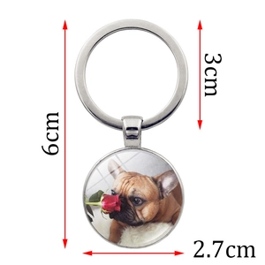 Vintage French Bulldog and red rose glass gem keychain with silver metal ring