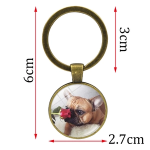 Antique bronze keychain with French bulldog and rose glass dome charm showing dimensions