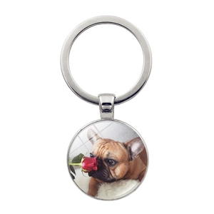 French Bulldog With Red Rose Keychain Round Zinc Alloy Glass Cabochon Vintage Style Pet Dog Lover Gift Accessory
