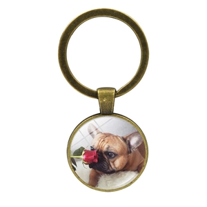 Retro bronze French Bulldog and red rose glass cabochon keyring with vintage round pendant