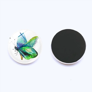 Macro detail of round glass butterfly fridge magnet showing colorful front and magnetic back