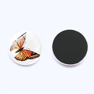 Macro detail of 25mm round glass fridge magnet with orange butterfly and magnetic back
