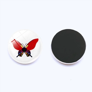 Detailed front and back view of 25mm butterfly glass dome magnet with black soft magnetic pad