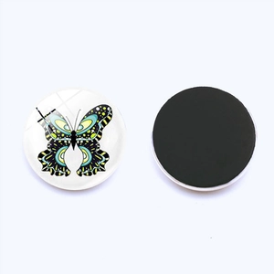 Front and back view of 25mm colorful butterfly glass dome magnets for fridge decoration
