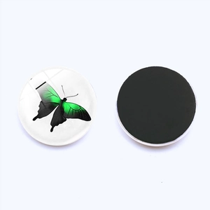 Detailed front and back view of a 25mm round glass butterfly magnetic fridge sticker