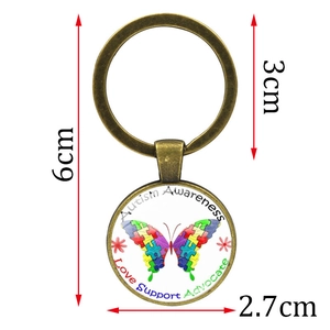 Autism Awareness butterfly glass pendant keychain in bronze finish for mental health support