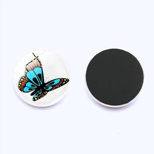 Front and back detail of 25mm glass butterfly fridge magnets with black soft magnetic base