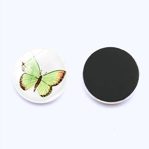 Detailed front and back view of a 25mm round glass butterfly magnet for refrigerators