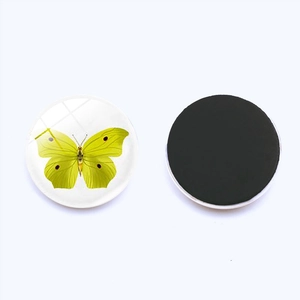 Detail view of round 25mm yellow butterfly glass fridge magnet with magnetic back