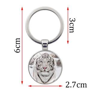 Silver white tiger keychain with crystal pendant, overall length 6cm with 3cm ring