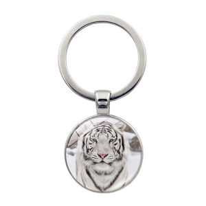White Tiger Keychain With Glass Cabochon Zinc Alloy Metal Pendant For Car Bag Decor Animal Portrait Retro Style