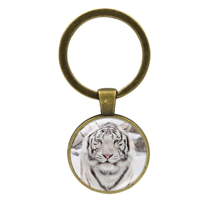 Vintage bronze white tiger keychain with glass gem pendant for car keys and bags